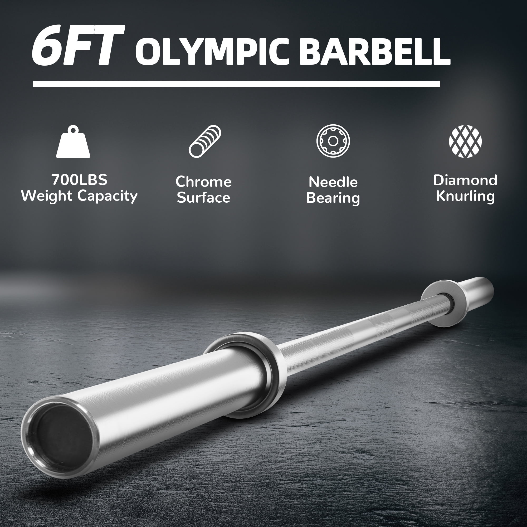 FlexWave Olympic Barbell，6FT, 2-Inch Diameter, 700LB Capacity, Silver, for Powerlifting & Weightlifting