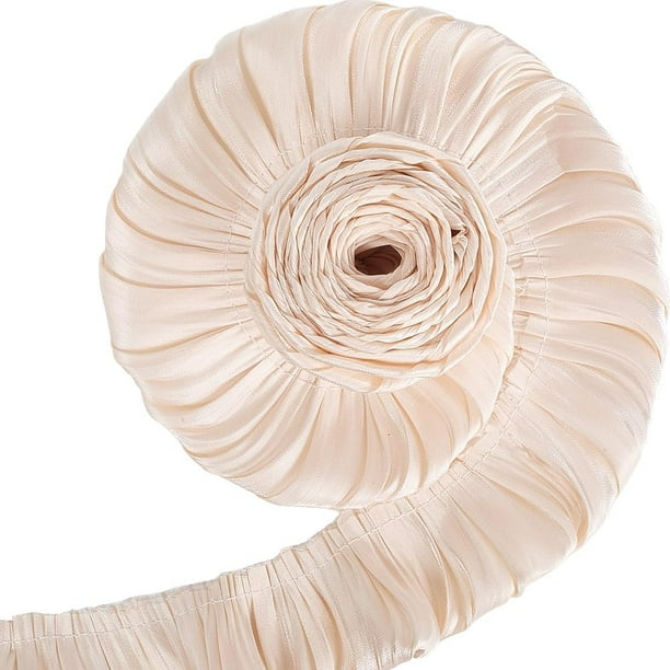 Cinta de satén plisada con volantes beige de 2 pulgadas, cinta vintage blanca de doble capa con borde fruncido, aplique de tela