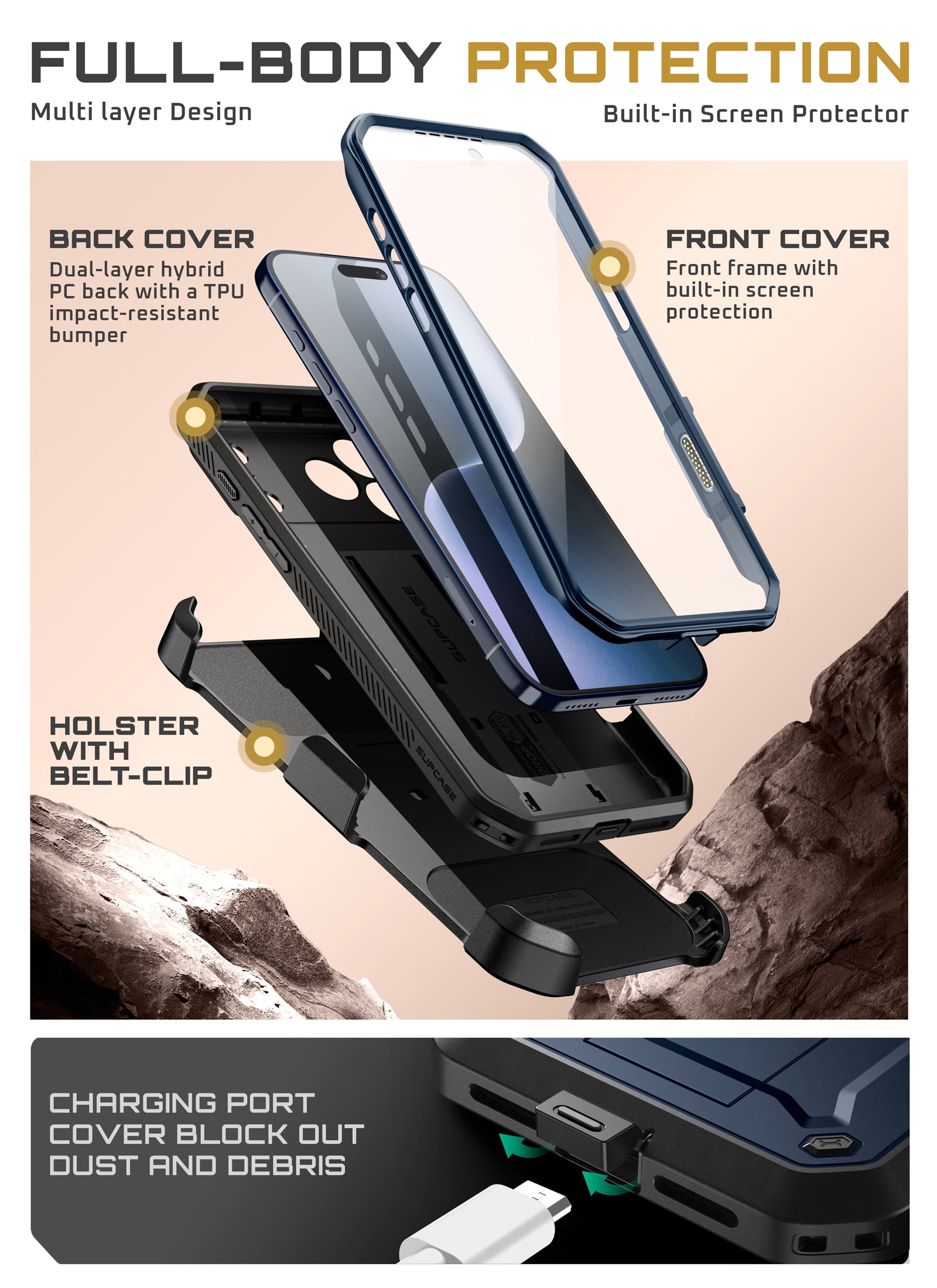 SUPCASE Unicorn Beetle Pro for iPhone 17 Pro Max 6.9" 2025 Case with Screen Protector, [Built-in Stand & Camera Control Button & Belt-Clip] [Military-Grade Protection] Full Body Phone Cover, Azure