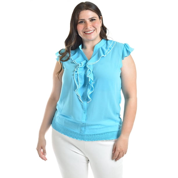Blusa con detalle de olan Roman Fashion Tallas Extras 8048 Azul claro 42