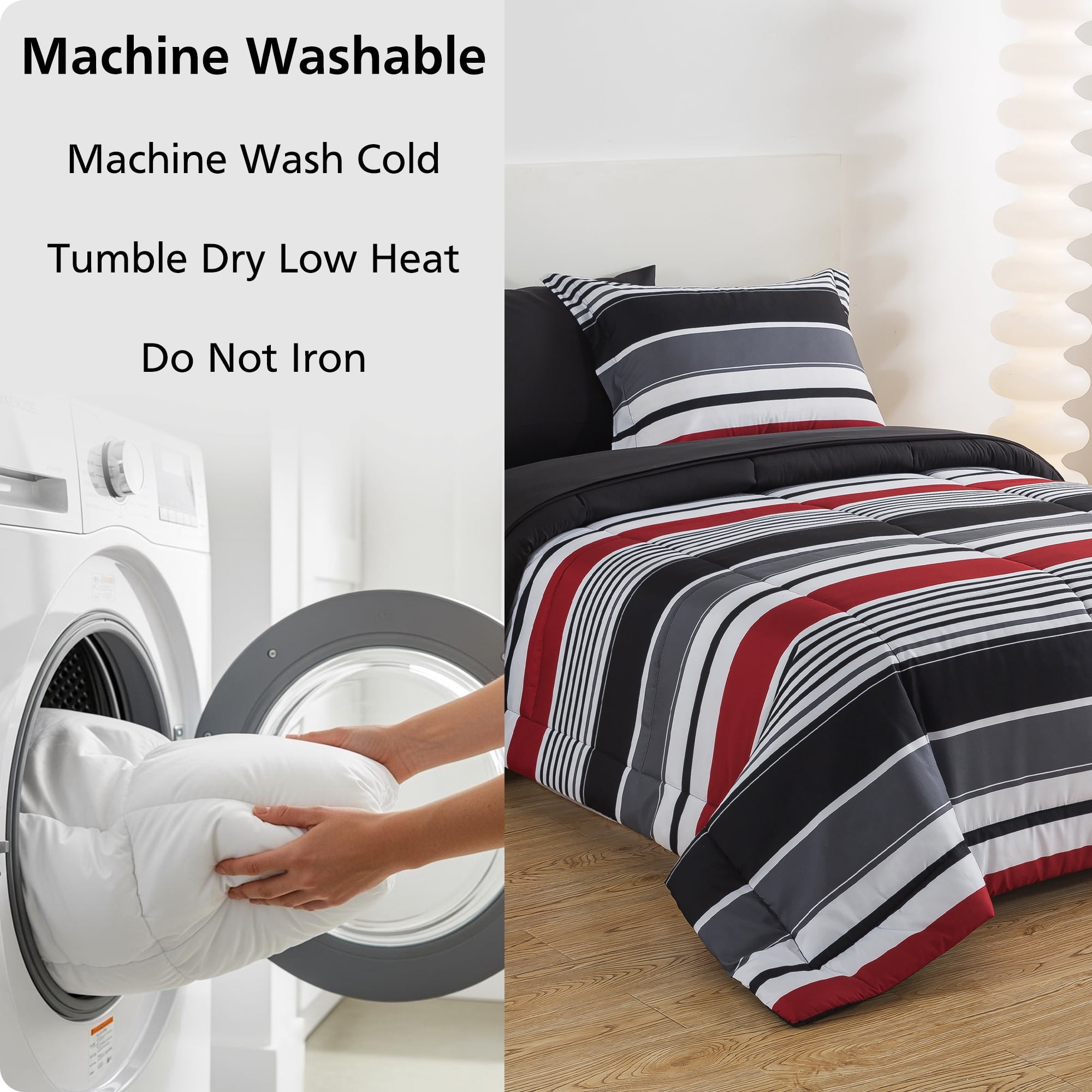 Mainstays All in One Reversible Comforter and Sheet set- 5 Piece, Twin, Red and Black Stripe