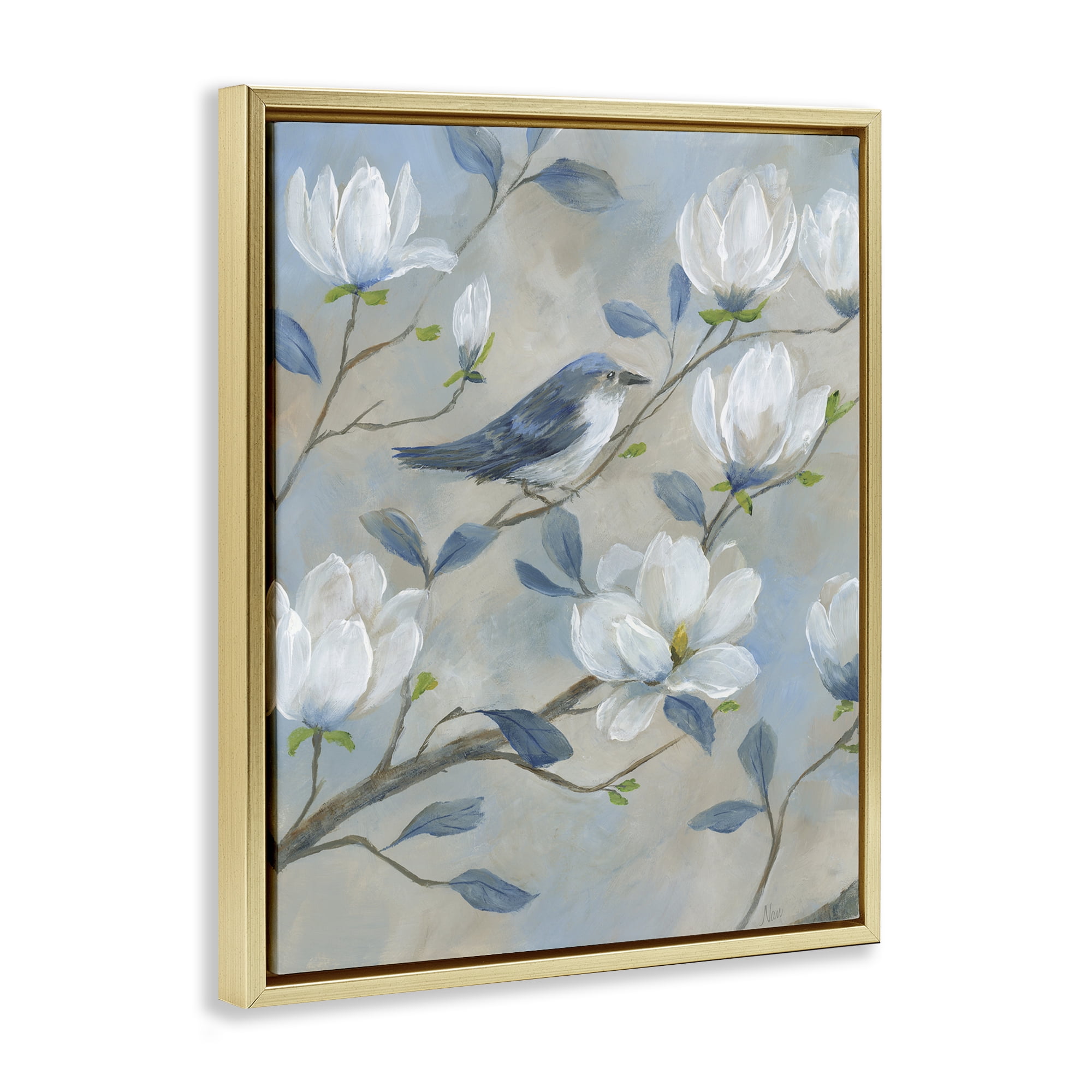 Stupell Industries Blue Bird & Magnolia Gold Framed Floater Canvas Wall Art, design by Nan