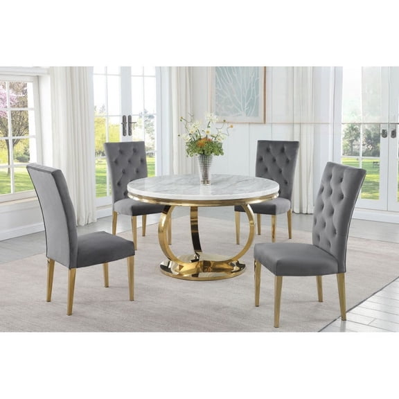 Modern Faux Marble 5-Piece Dining Set, 44" Round Dining Table with Velvet Tufted Side Chairs, Gold Frame, Gray