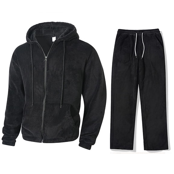 Yusimy Men's Solid Color 2-Piece Fuzzy Hoodie Set Zipper Pocket Long Sleeve Hooded Sweatshirt & Pants Casual Warm