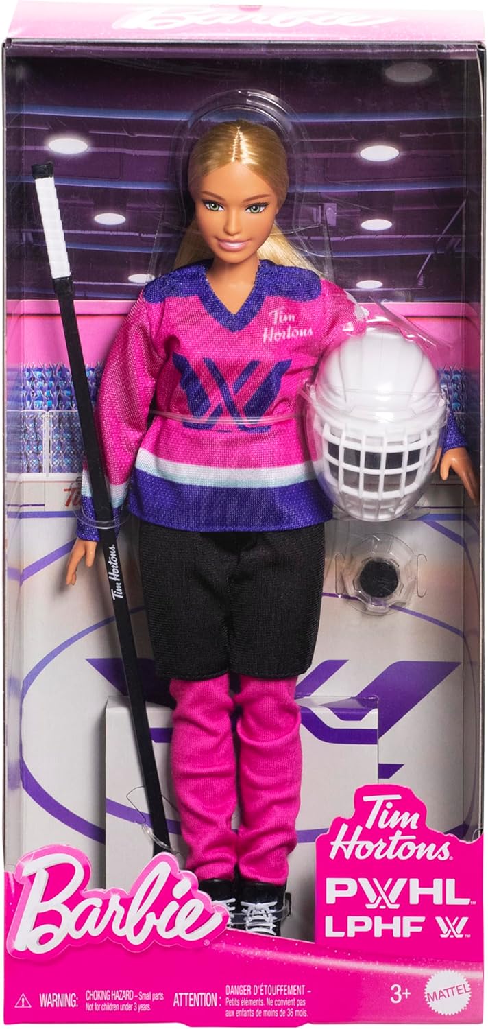 Barbie Tim Hortons PWHL Fashion Doll in Pink, Purple, & Teal Hockey Jersey, Includes Hockey Stick, Puck, and Helmet