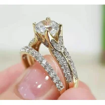 3 Ct Round Moissanite Cut Bridal Engagement Yellow Ring Set Plated Gold