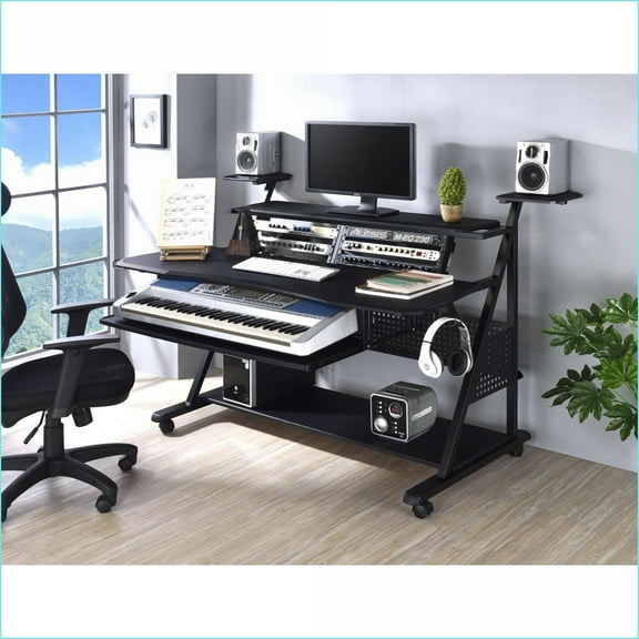 Music Desk with Keyboard Tray & Speaker Shelves | Black Finish | Synthetic Wood