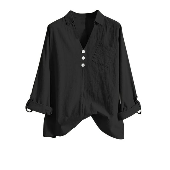 Inleife Womens Shirts Top Women's V-Neck Long Sleeve Loose Button Cotton And Linen Tunic Summer Blouse