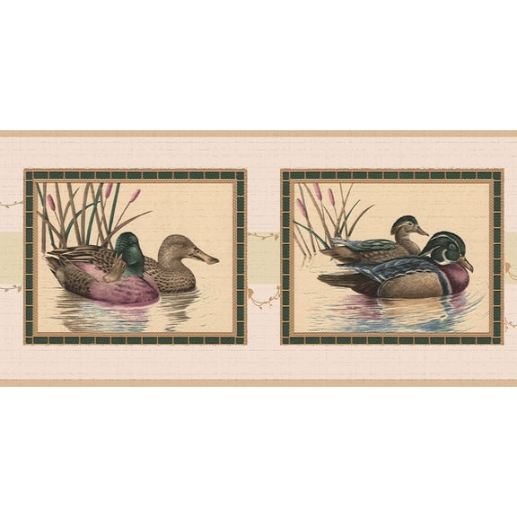 Dundee Deco's Peel and Stick Wallpaper Border - Nature Green Brown Pink Ducks Wall Border Retro Design, 15 ft x 7 in, Self Adhesive