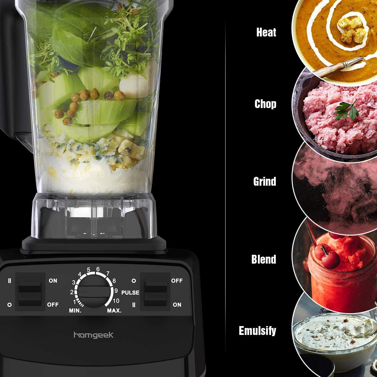 Homgeek blender, 1450W high speed professional table mixer, suitable for milkshakes and smoothies, 30000 rpm, built-in pulse and 10 speed control