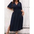thumbnail image 4 of Plus Size Womens Navy Blue Solid V-Neck Wrap Short Sleeve Maxi Dress, 4 of 6