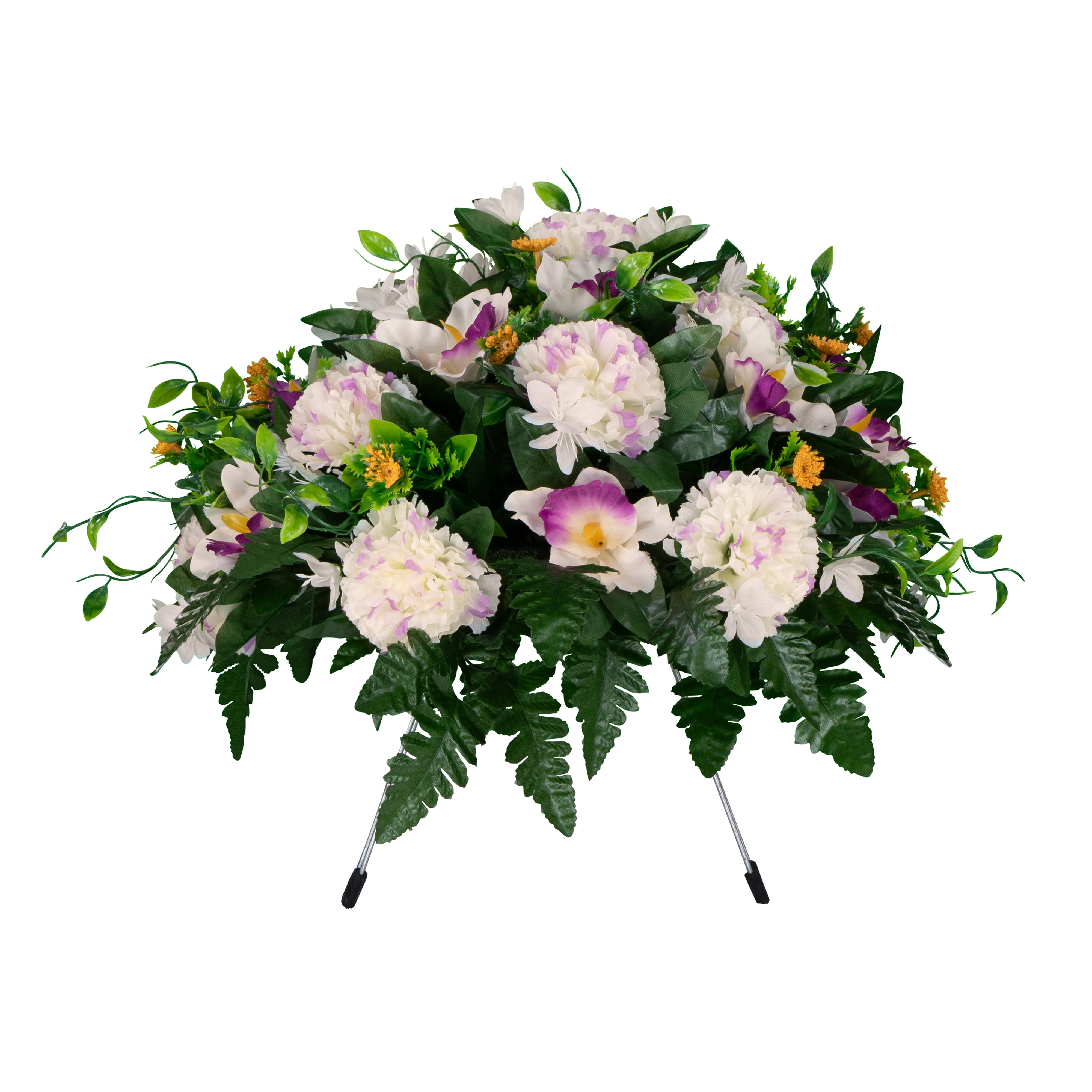 Sympathy Silks Artificial Cemetery Flowers - White and Purple Carnation and Alstroemeria - Saddle for Headstone
