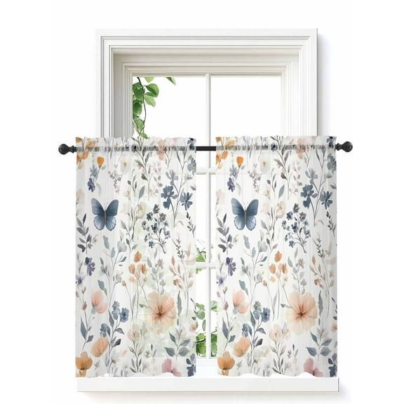 Watercolor Flower Tier Curtains 45 Inch Length,Sheer Curtains for Bedroom Living Room Window Spring Farm Leaf Country Retro Plant Voile Drapes Kitchen Curtains Small Half Window 27.5"x45" 2 Panels