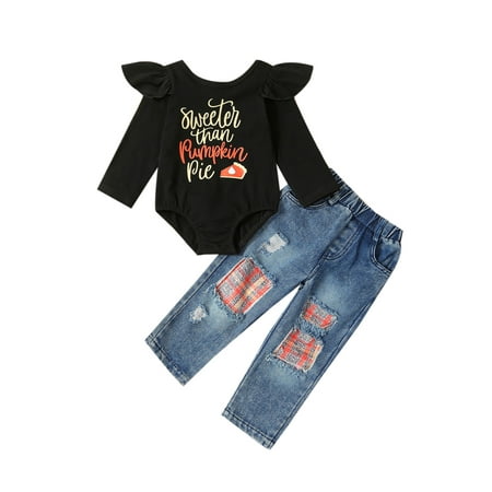 

Bagilaanoe 3Pcs Toddler Baby Girl Halloween Outfits Letters Pumpkin Print Long Sleeve Rompers Tops + Ripped Jeans 1T 2T 3T 4T 5T 6T Kids Long Pants Set