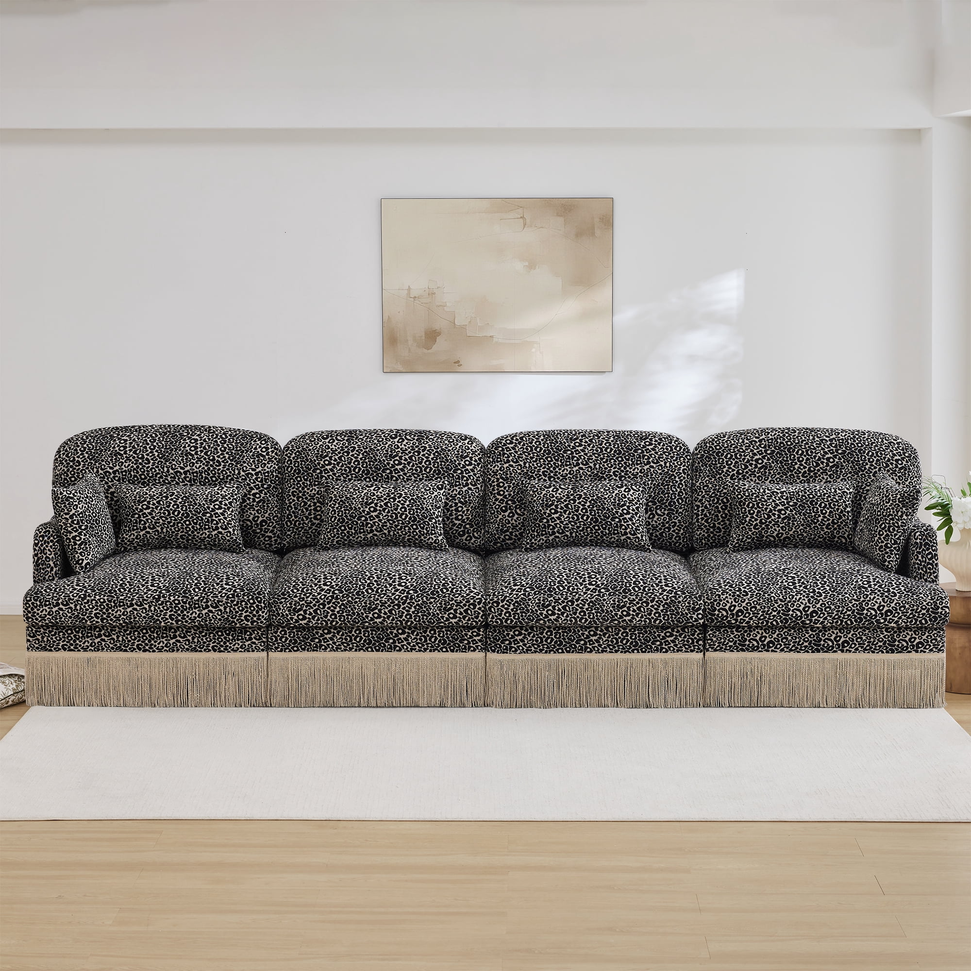 131" Chenille Leopard Tassel Deep Seat 4 Seater Sofa Couch with 6 Throw Pillows