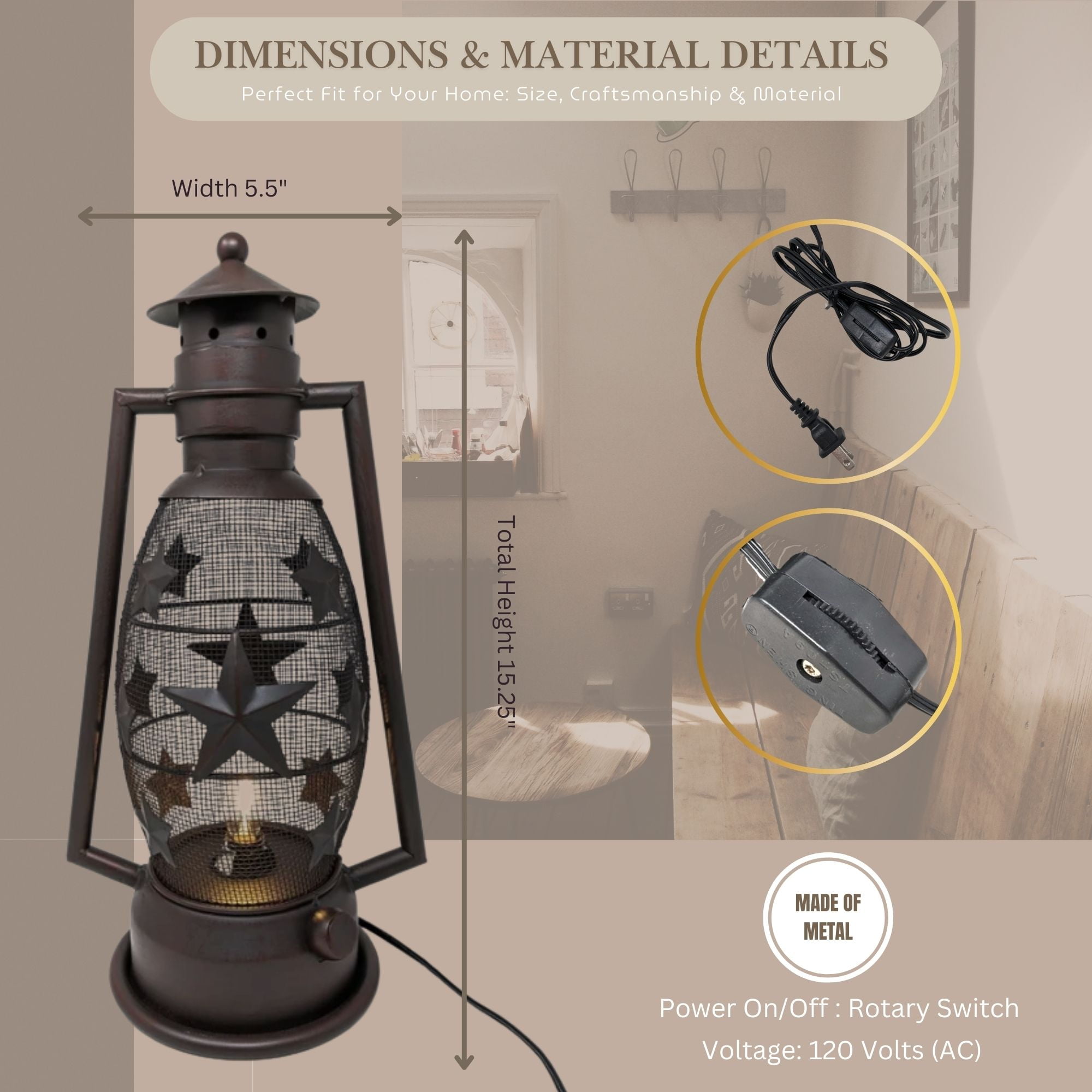 Rustic Metal Star Lantern Nightlight - Vintage Farmhouse Table Lamp with Electric Cord - Western Cowboy Style Décor for Living Room, Bedroom, or Office