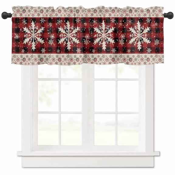 Winter Snowflake Valances for Windows, Christmas Red Black Plaid Vintage Silhouette Light Filtering Window Treatment Valances, Rod Pocket Small Curtains for Kitchen/Bathroom, 60"x14"