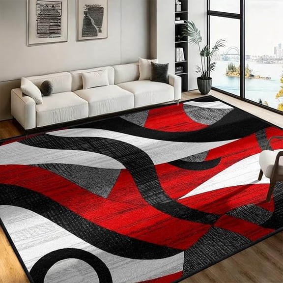 Abstract Area Rug, Modern Red Black White Geometric Rugs, Soft Washable Non-Slip Indoor Carpet, Contemporary Swirl Pattern Rug for Living Room Bedroom Dining Room Office Entryway 3 x 5ft