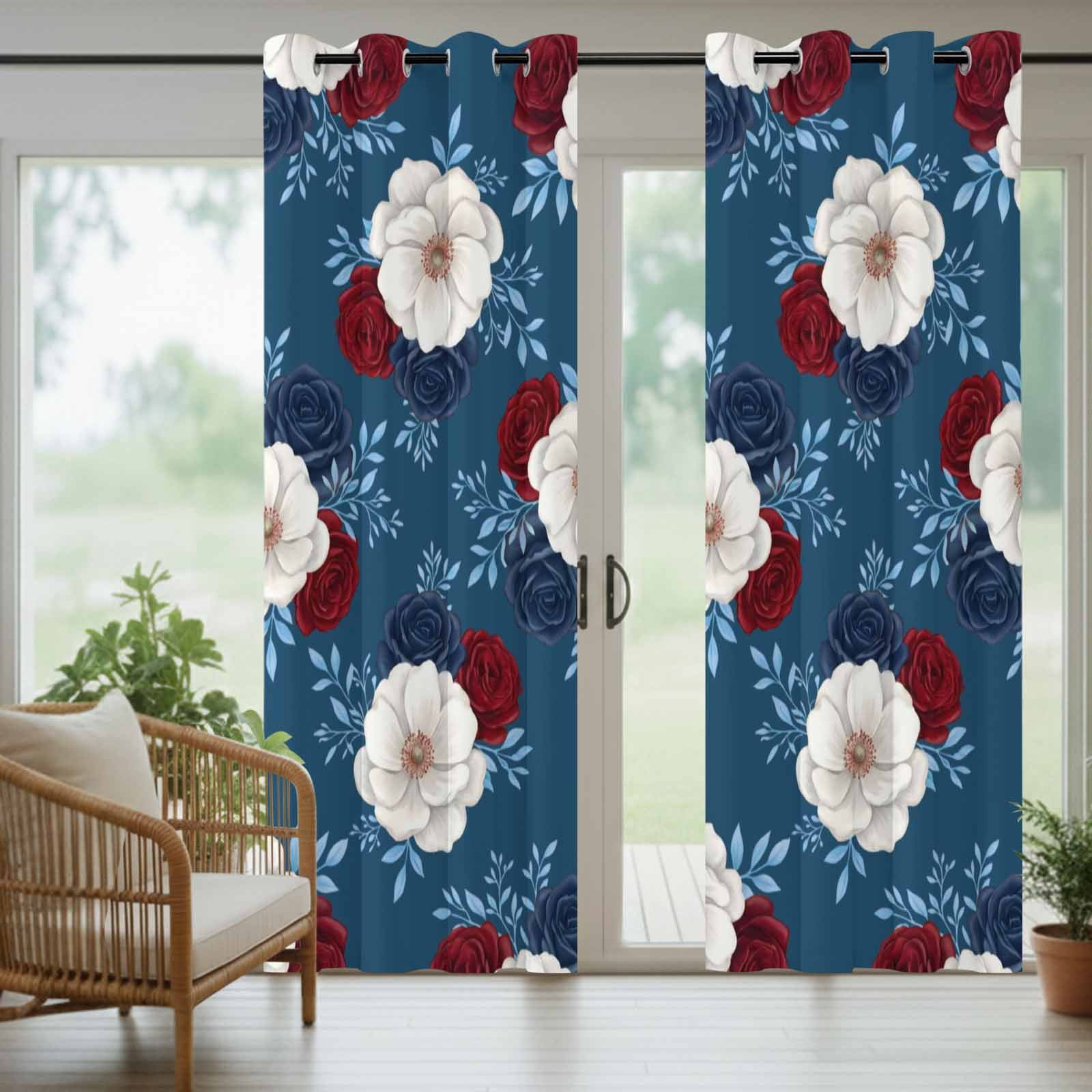 Independence Day Outdoor Curtains for Patio, Red Blue White Roses Floral Leaf Blue Sunshade Privacy Drapes Grommet Waterproof Outside Curtains for Porch/Cabana/Balcony 54"x 95", 1 Panel