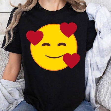 Official Emoji Floating Hearts Yellow Smile Face T-Shirt Unisex T-Shirt, Sizes S-5XL - Gategoo