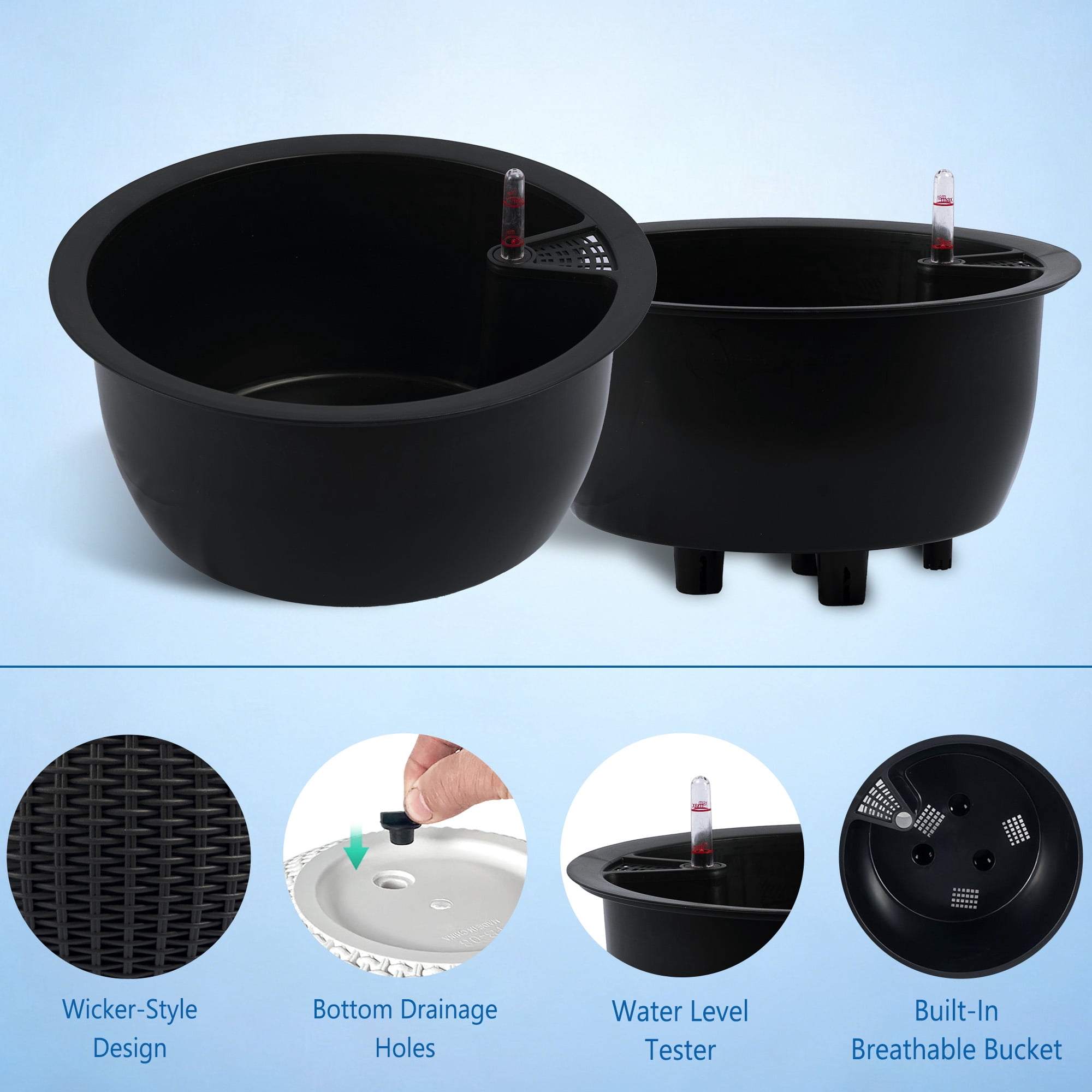 Vigo huseeo 2 Pack Large Self-watering Hanging Planters for Indoor & Outdoor Plants , Resin Rattan Pot for Home, Office and Garden, Black