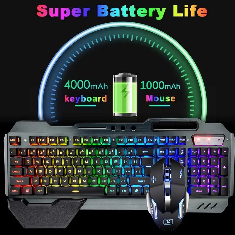  Wireless RGB Backlit Gaming Keyboard and Mouse, Rechargeable,  Long Battery Life, Metal Panel Mechanical Feel Keyboard with Palm Rest, 7  Color Mouse and Mouse Pad for Game and Work : Video