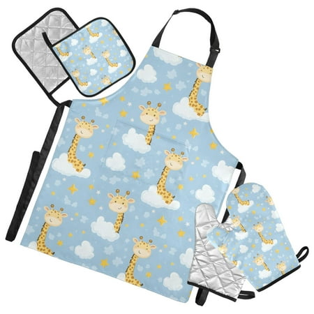 5 Pcs Kitchen Set Heat Resistant Oven Mitts and Non-Slip Pot Holders with Adjustable Cooking Apron Giraffe Cloud Star