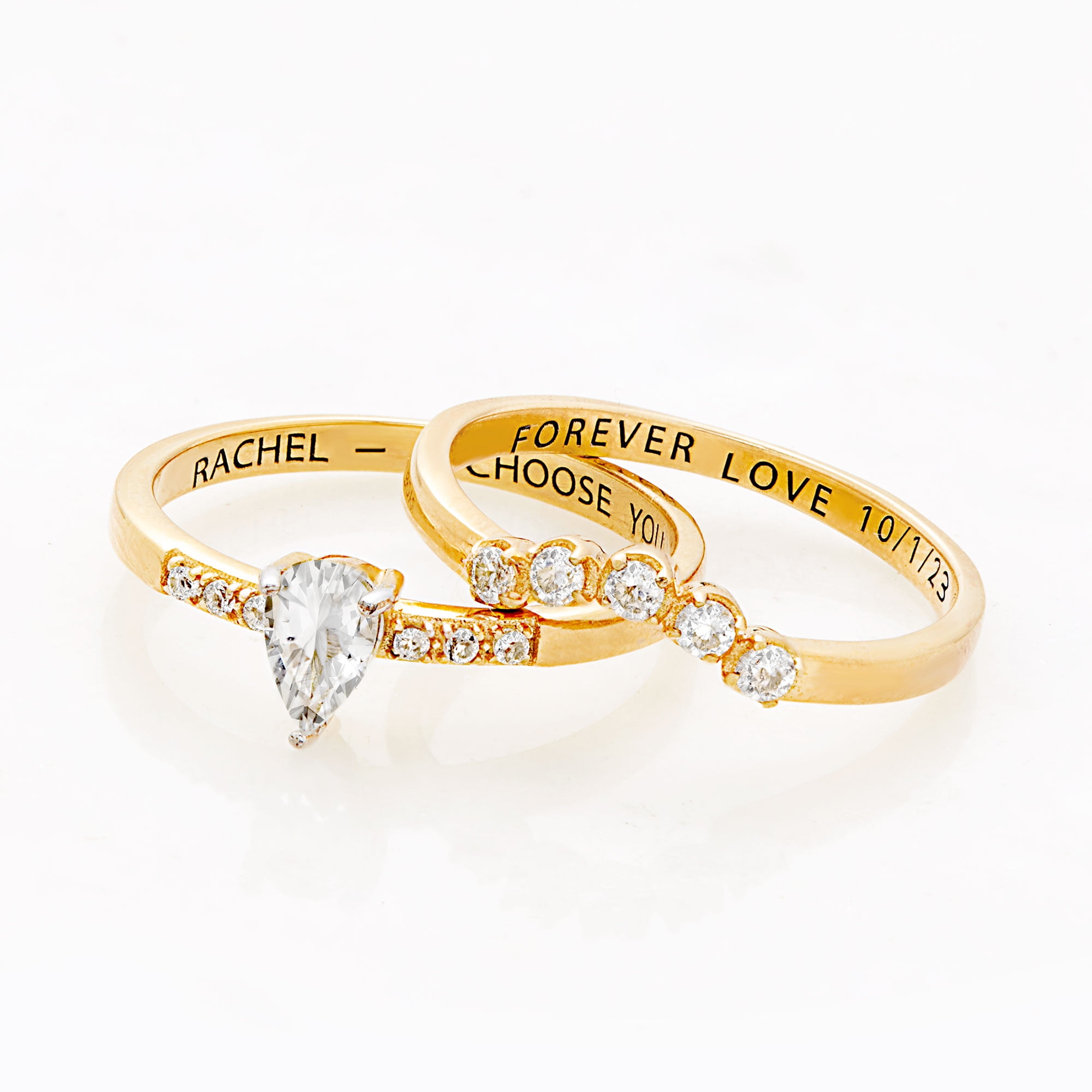 Vow & Forever Personalized Planet Bridal 14K Gold over Sterling Silver Pear White Topaz 2 Piece Engraved Wedding Set ,Women's
