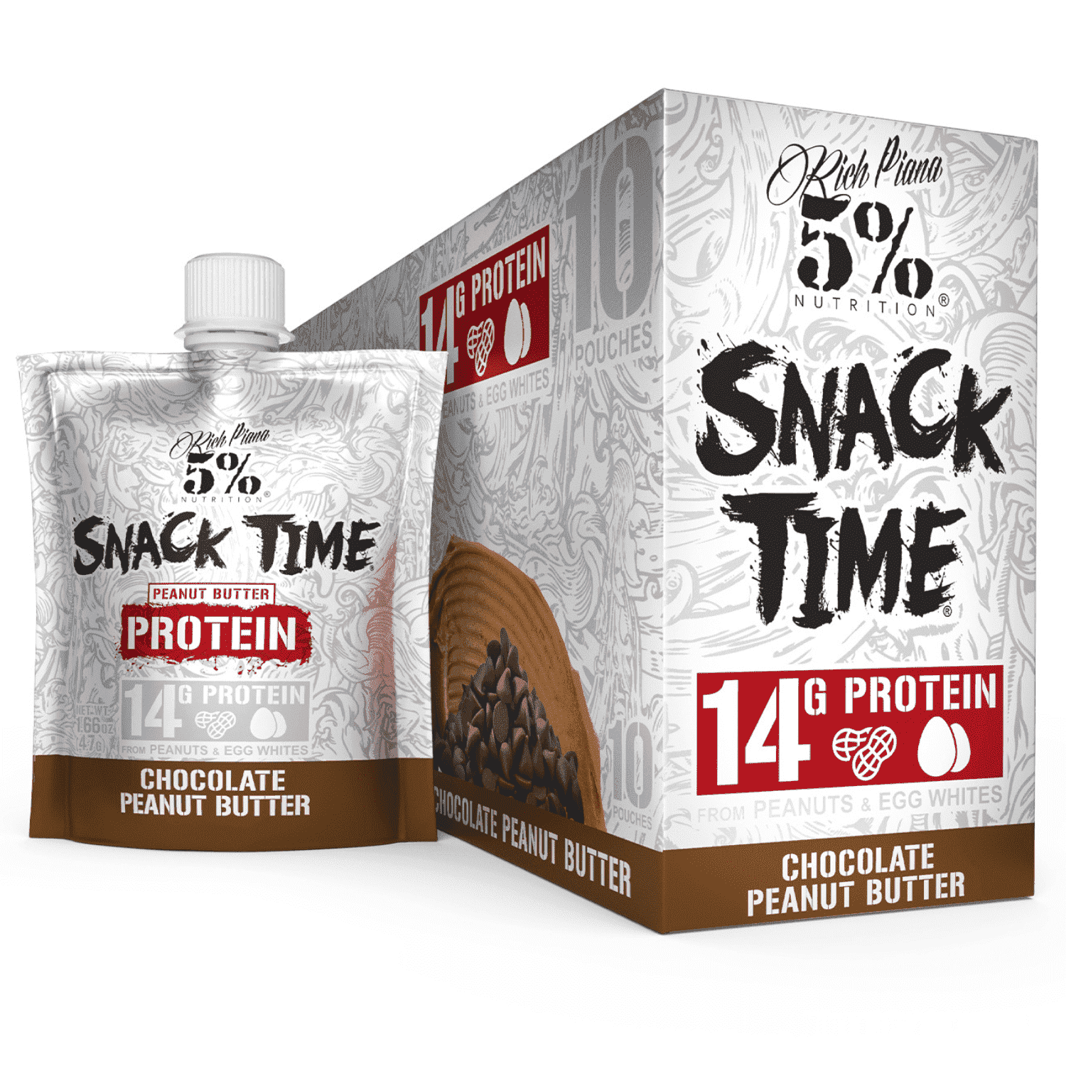 5% Nutrition Rich Piana Snack Time, High Protein Squeezable Pouches, Peanut & Egg White Blend - 10Ct (Chocolate Peanut Butter)