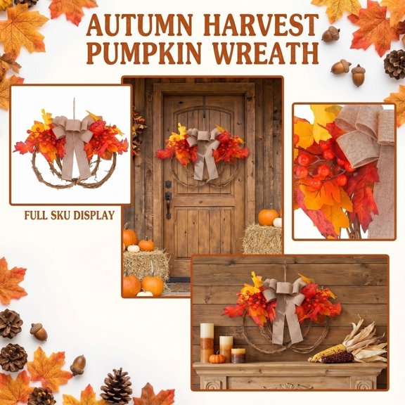 Fall Maple Leaf Wreath Door Decor with Ribbon Bow for Thanksgiving Home Decor