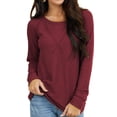 thumbnail image 1 of Camisa informal holgada para mujer para el trabajo y citas, cuello redondo, talla S, hombros descubiertos, manga larga, color rojo vino, 1 of 6