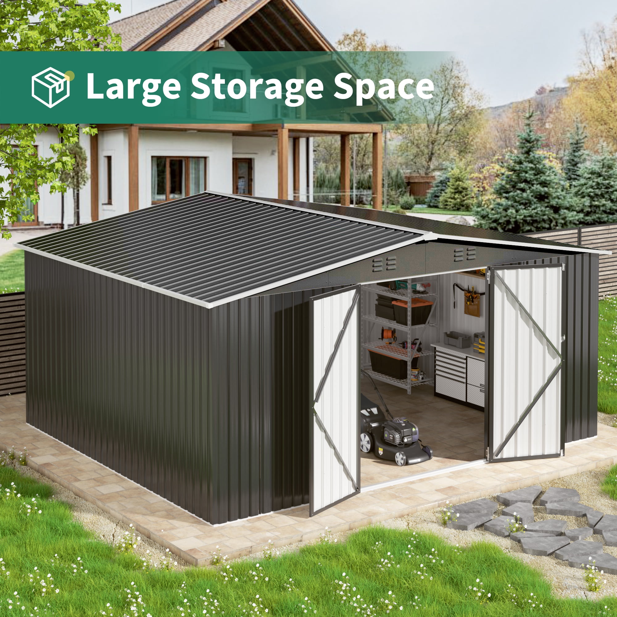 NETAJE 12'x14' Outdoor Metal Shed with Lockable Doors and