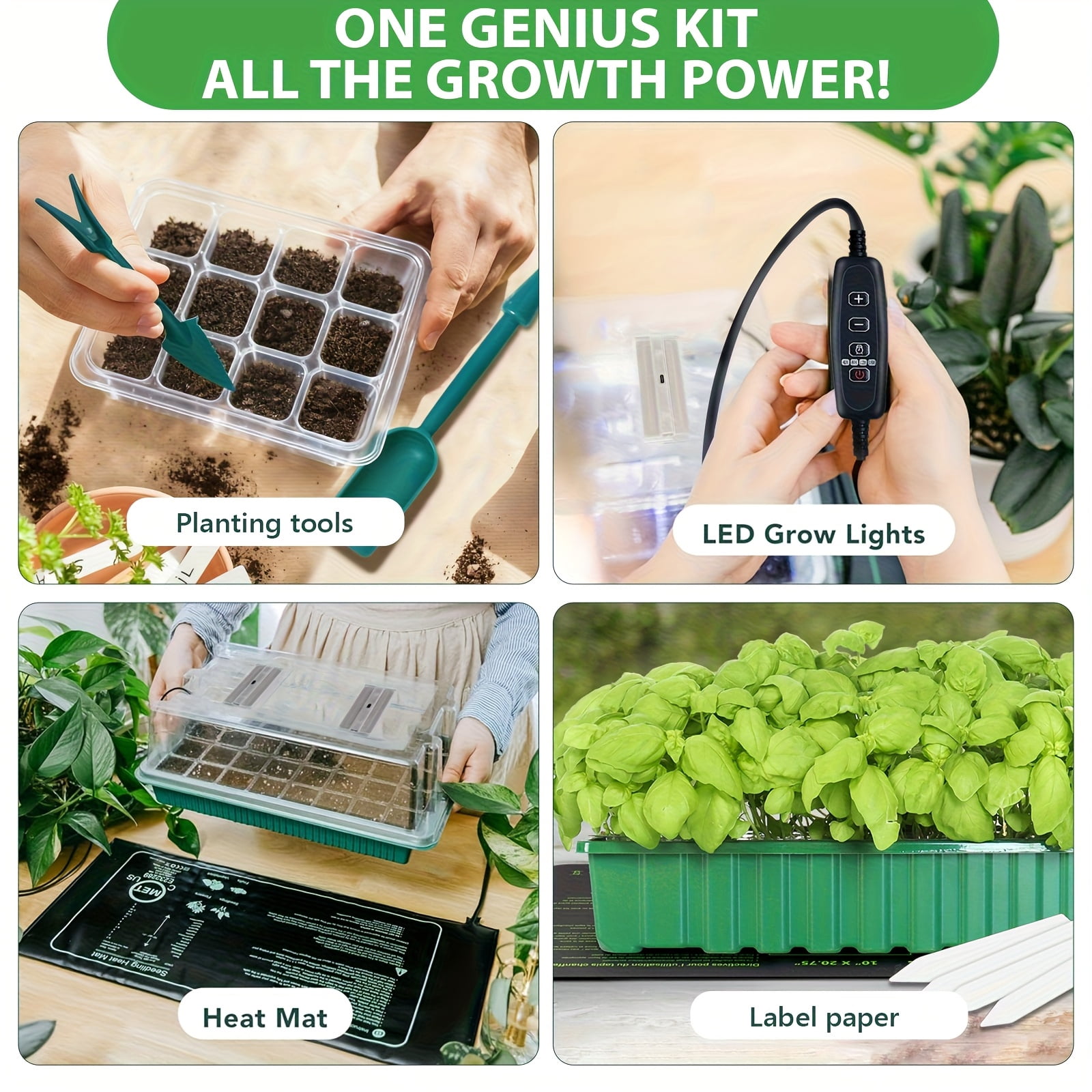 Seed Starter Tray with Grow Light & Heat Mat, 24 XL Cells, Humidity Dome & Base for Germination & Plant Propagation