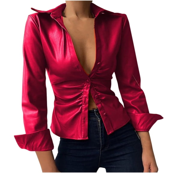 Odeerbi Shirts for Women Tops Blouses Classic Solid Color Blouse Slim Buttons Lapel Long Sleeve Tunic Black