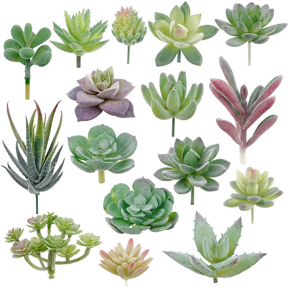 12 Pcs Mini Artificial Succulents Picks Unpotted Faux Succulent Assortment in Flocked Green in Different Type Different Size Succulents Echeveria Agave Floral Arrangement Mother Day' s Gift