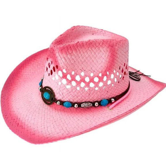 PINK Tea Stain Straw COWBOY HAT w/ Turquoise Blue Beads ADULT SIZE Turquoise WOMEN WESTERN Cowgirl