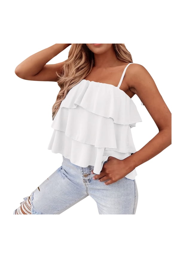 Summer Tops for Women Square Neck Crop Top Ruffle Spaghetti Strap Sleeveless Casual Boho Vacation Beach Loose Blouse, White M