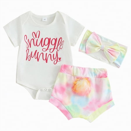 mgoYE Baby Girl Clothes 12 Months Infant Baby Girl Easter Outfits Short Sleeve Romper Bunny Onesie + Pompom Shorts Bloomers + Headband 3Pcs(Red 6-12 Months)