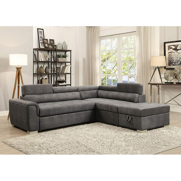 ACME Thelma Sectional Sleeper Sofa and Ottoman in Gray Polished Microfiber