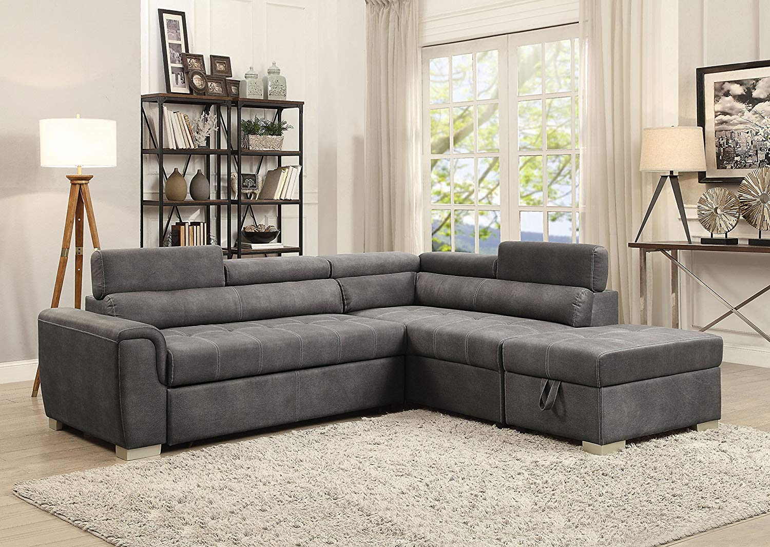 ACME Thelma Sectional Sleeper Sofa and Ottoman in Gray Polished Microfiber - image 5 of 5