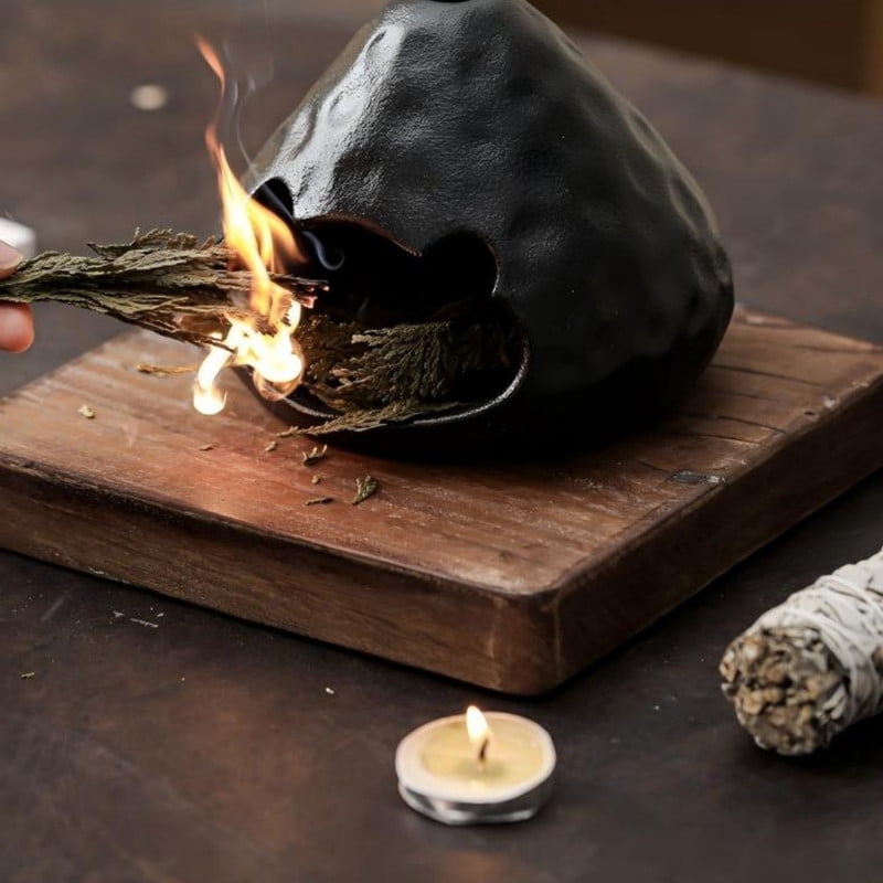Matte Black Volcano Palo Santo Holder - Ceramic Incense Burner with Ash Catcher, Wabi-Sabi Style Palo Santo Holder Stick Holder for Smudging, Meditation, Yoga & Rustic Home Decor