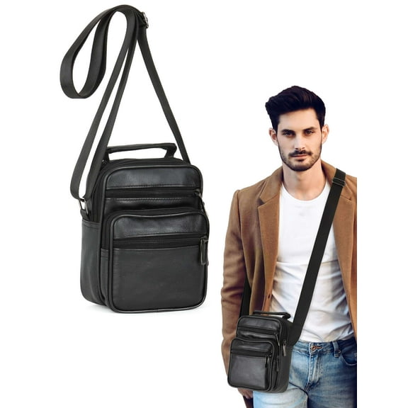 Luxtrada Small Leather Sling Shoulder Bag Messenger Pack for Men Women Outdoor Travel Business Black