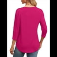 thumbnail image 4 of Blusas de Mujer con Mangas 3/4, Cuello Redondo, Túnicas Casuales, Camisas Plisadas Básicas, Corte Holgado, 2025 Rosa Roja L, 4 of 5