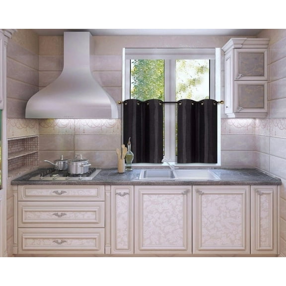 N25 Black 1-Set Light Filtering Kitchen Window Curtain, 2 Faux Silk Tier Panels With Bronze Grommets on Top