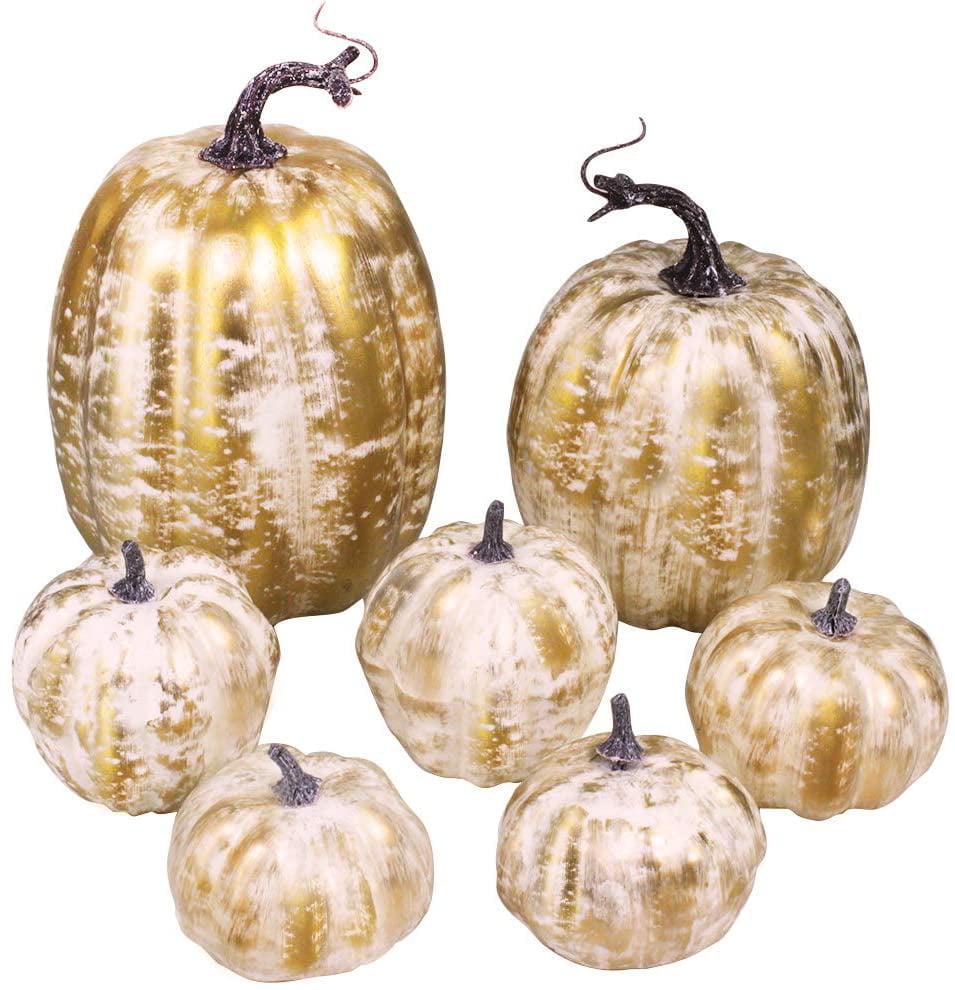 Artmag Package of 12 Assorted Fall Artificial Pumpkins 6 Frosted Pumpkins Gold Brushed and 6 White Faux Pumpkins for Fall Halloween Thanksgiving Harvest Holiday Decorating