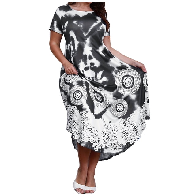 Ruimatai Robe Décontractée Grande Taille pour Femmes Manches Courtes Col Rond Été Fluide Confortable Élégante Imprimée Plage Fête T-Shirt Robe