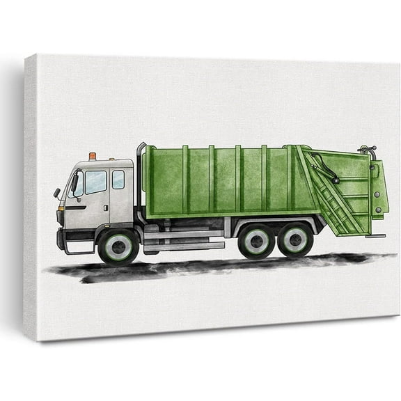 Garbage Truck Canvas Wall Art Watercolor Transportation Vehicles Garbage Truck Canvas Painting Prints for Home Boys Bedroom Nursery Wall Decor Framed Artwork Gifts(12x15 Inch)