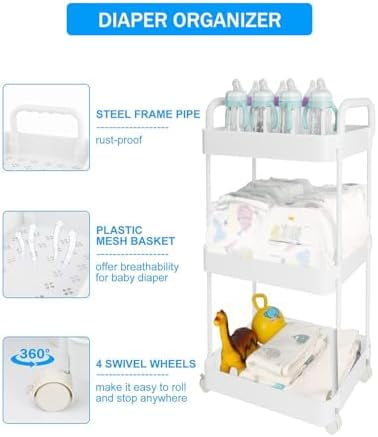 3-Tier Movable Diaper Cart with Wheels, Newborn Essentials Must Haves - Plastic White