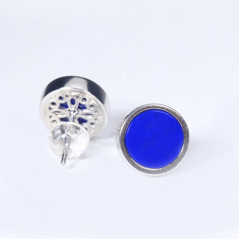 White Gold Plated Lapis Lazuli Stud Earrings – Round Natural Blue Gemstone, Hypoallergenic Minimalist Geometric Jewelry for Women & Men with RTT Jewelry Box
