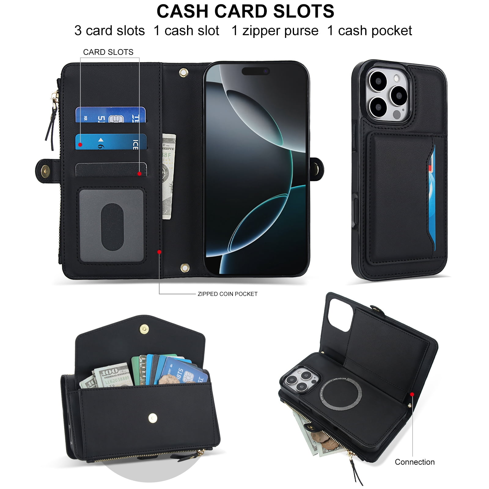 Designed for iPhone 15 Pro Multi-Function Wallet Phone Case,With Shoulder Strap&Wrist Strap,Cash Pocket&Card Slots,Zipper Purse,Magnetic Detachable PU Leather Flip Phone Case,Black